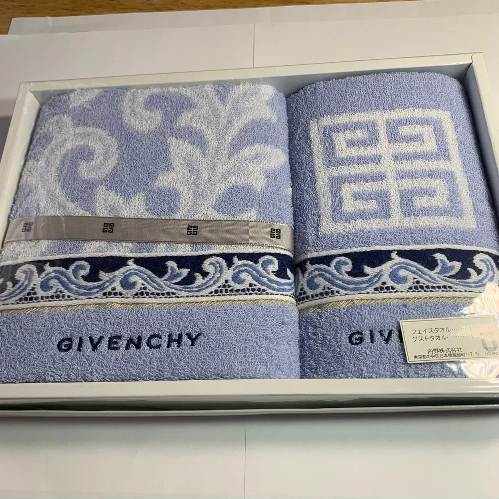 Givenchy Light Blue and White Bath Hand Towels with Elegant Jacquard Design